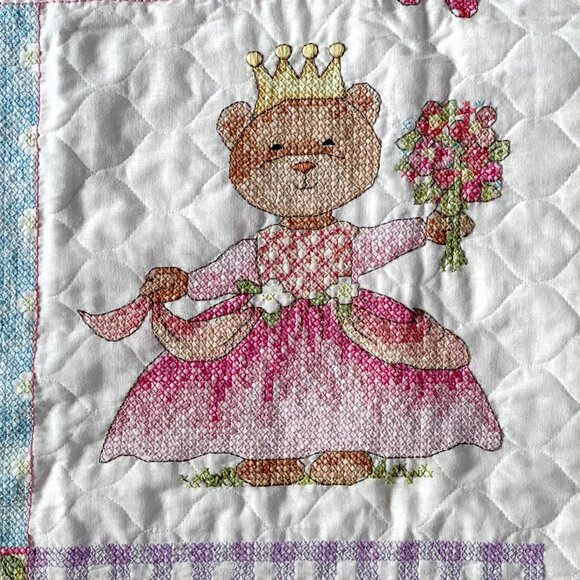 Baby Quilt Blanket "The Princess Sleeps Here" Hand Cross Stitched - Darling! - Picture 2 of 8